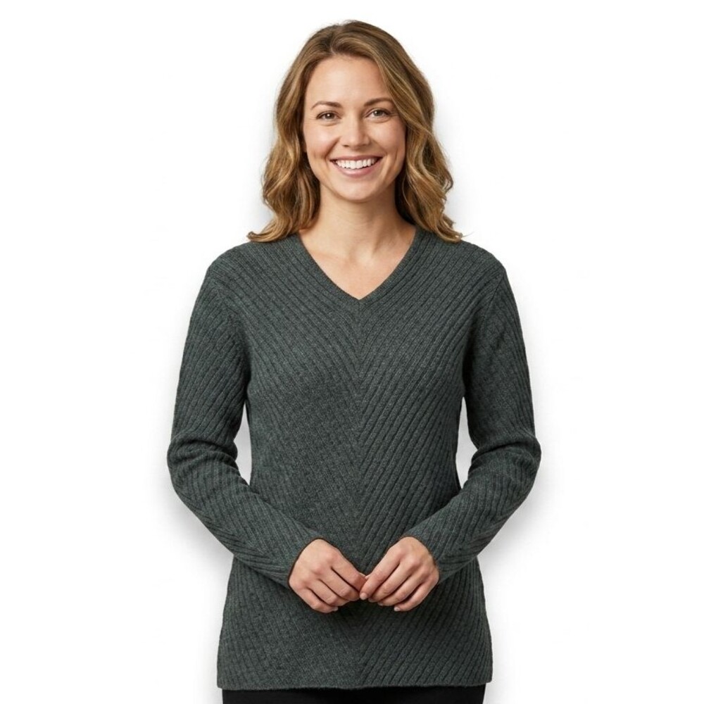Margaret O'Leary Merino Wool Blend V-Neck Sweater Women's Small Chevron Knit EUC